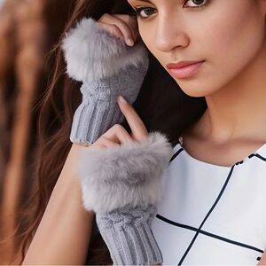 Light Gray Short Plush Knit Gloves, Thick Warm Fingerless Gloves, Autumn Winter